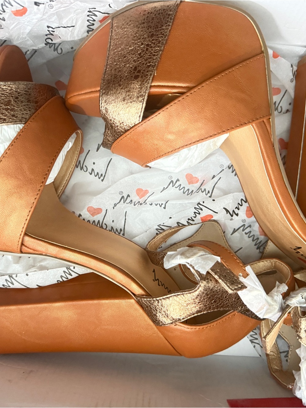 Luichiny Tan and Metallic Gold Platform Heels